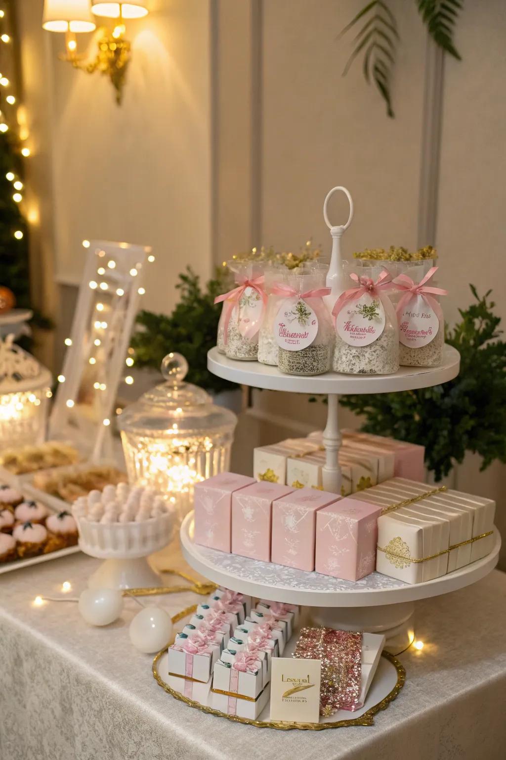 Sophisticated tiered stand displaying assorted party favors.