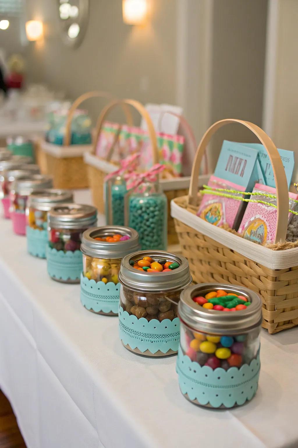 Creative containers like glass jars and woven baskets.