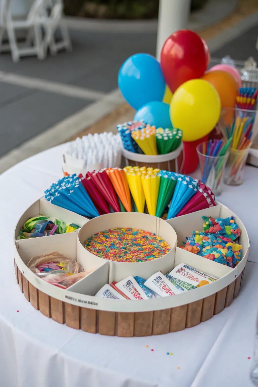 Party favor table arranged in a circular layout for easy access.