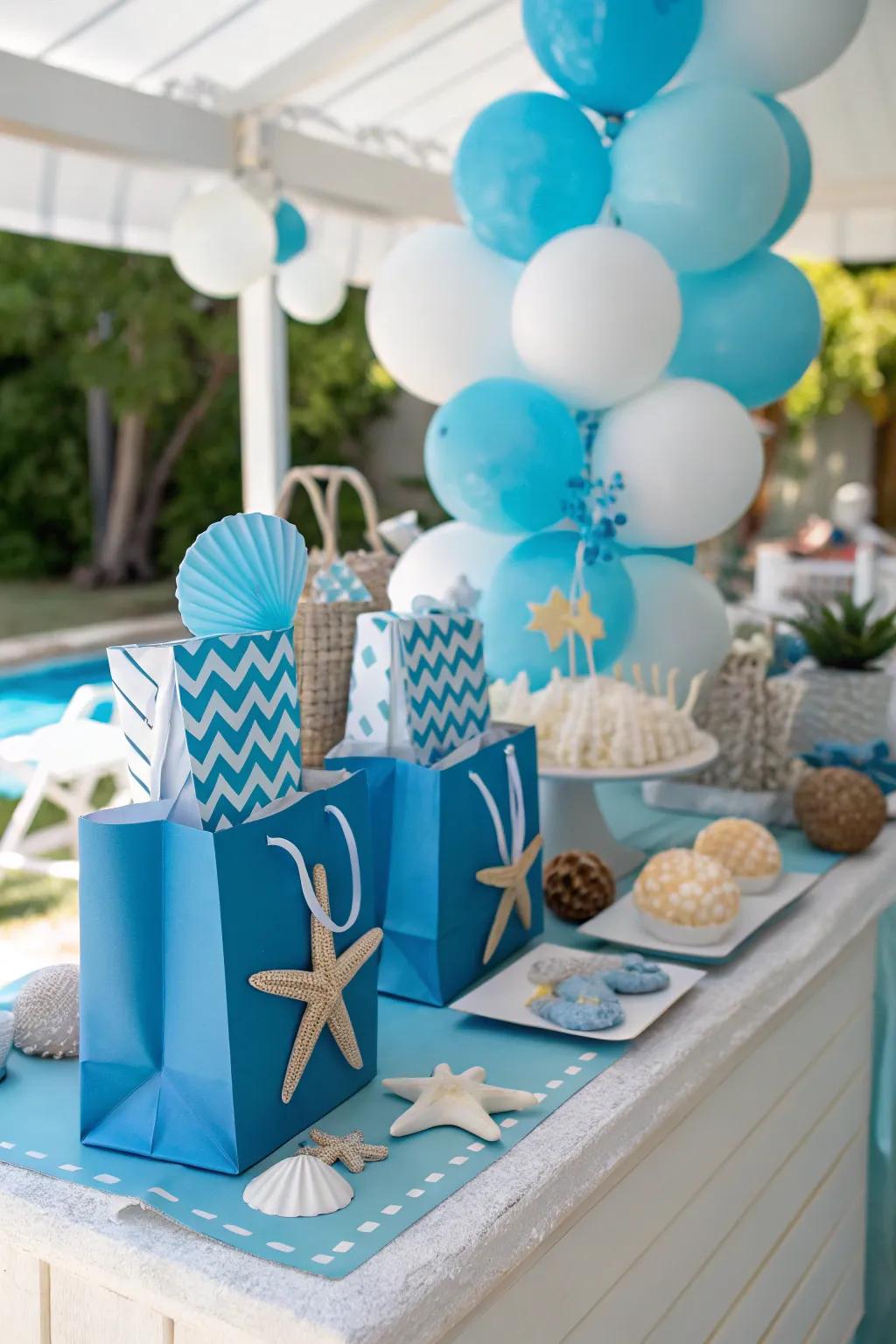 Party favor table styled with coordinated colors inspired by nature.