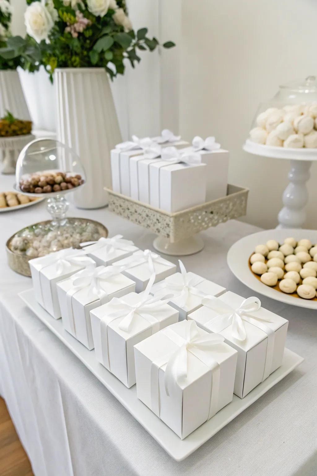 Simple and elegant party favors with minimalist white packaging.