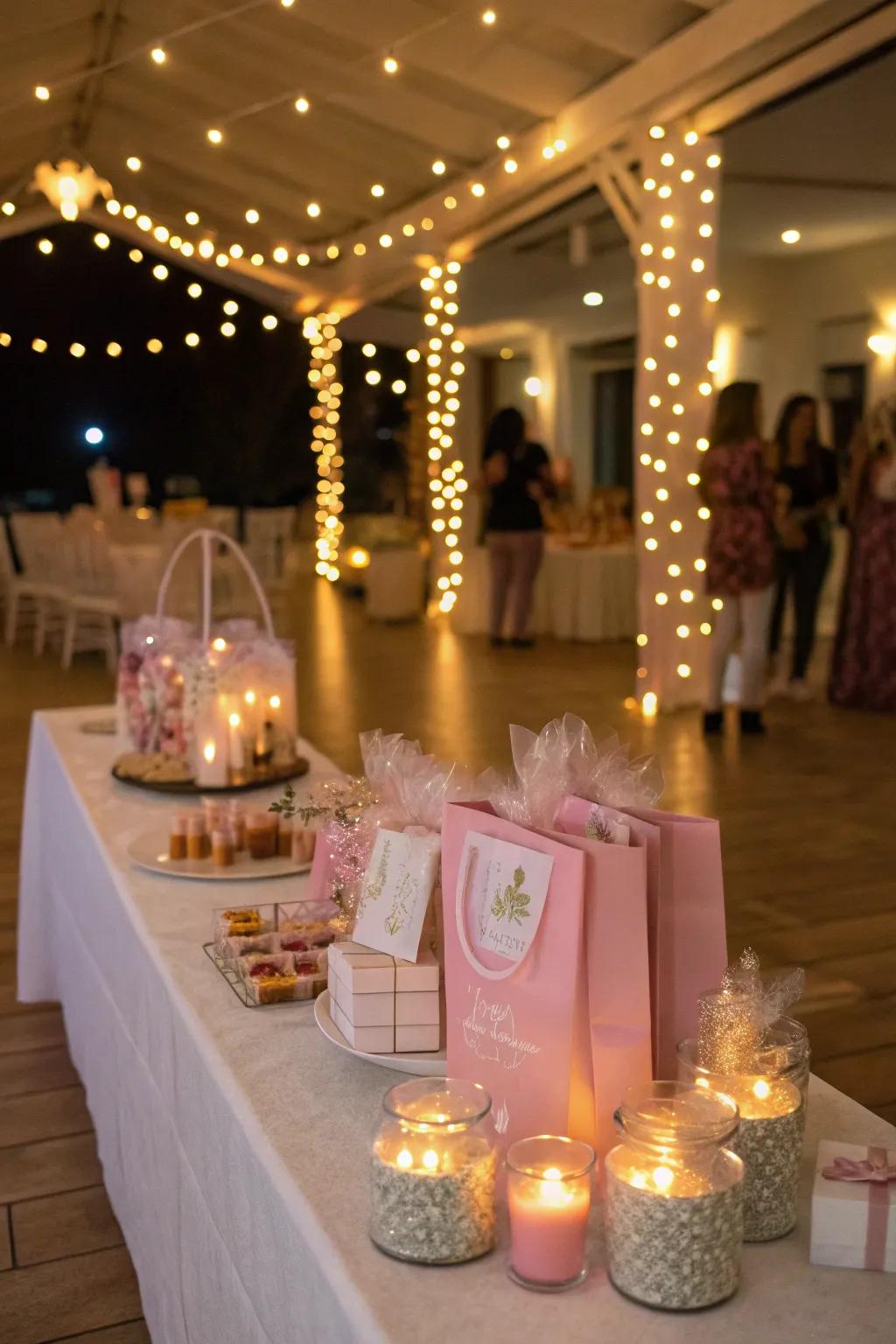 Party favor table glowing with delicate fairy lights.
