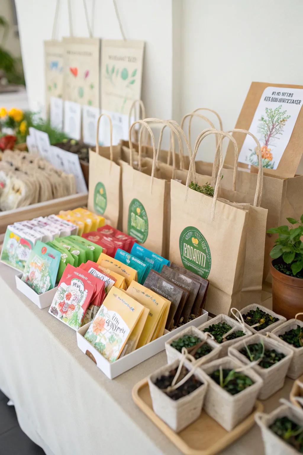 Sustainable party favors including seed packets and reusable bags.