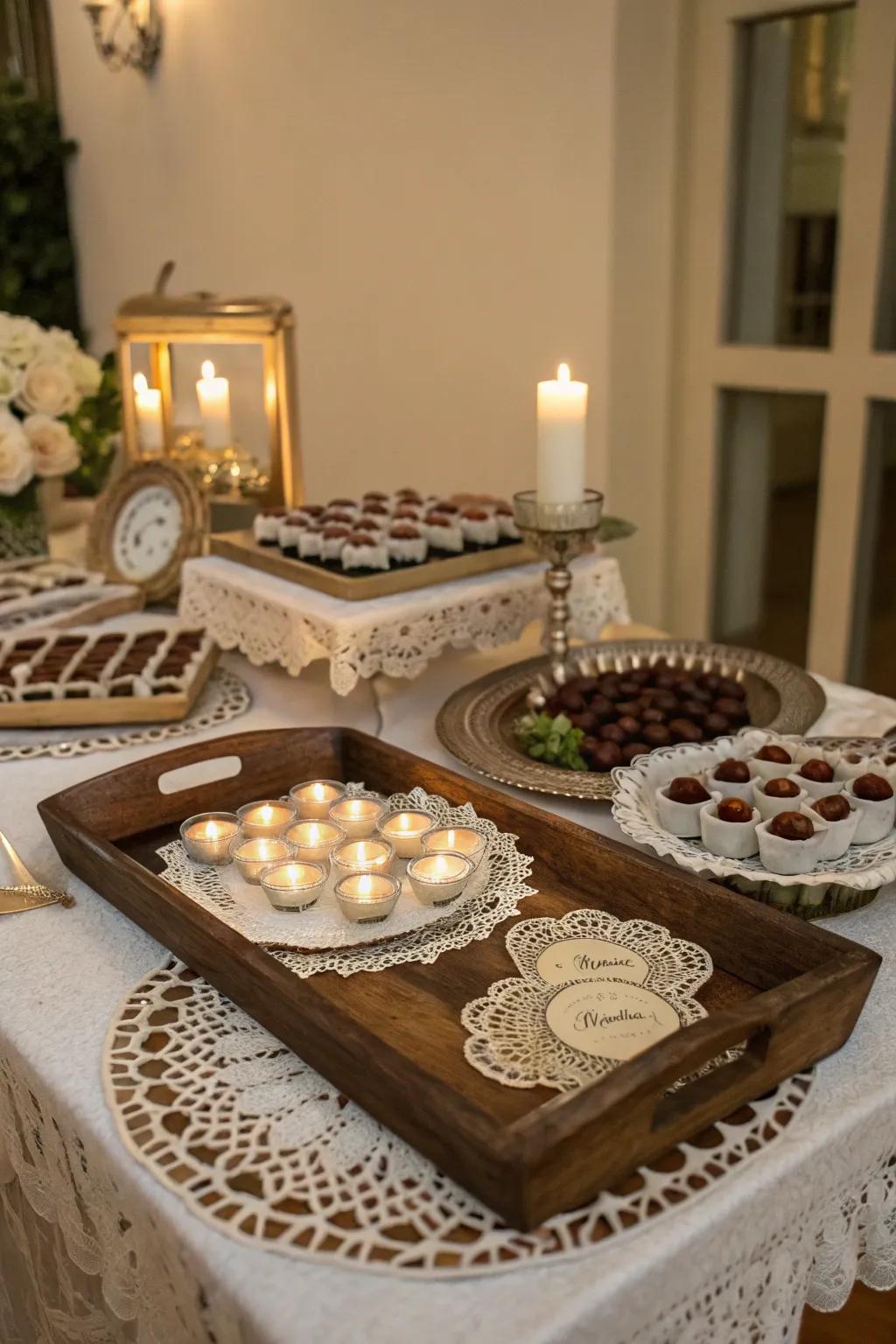 Vintage-inspired party favor table with antique trays and lace accents.