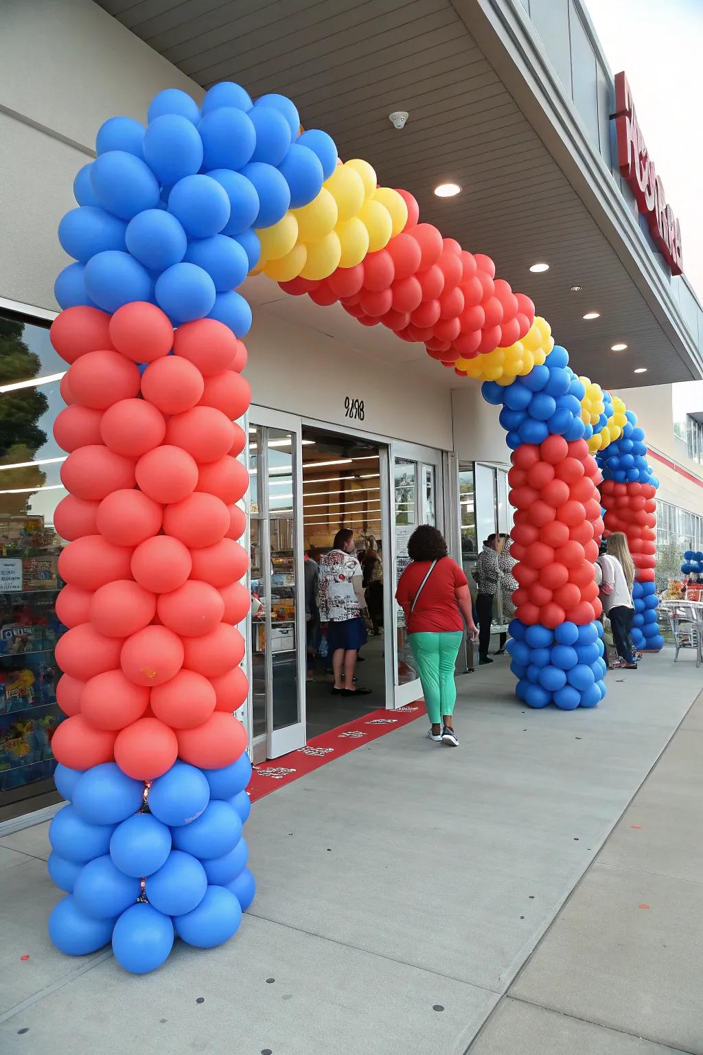 Custom-themed balloon columns create a memorable entrance.