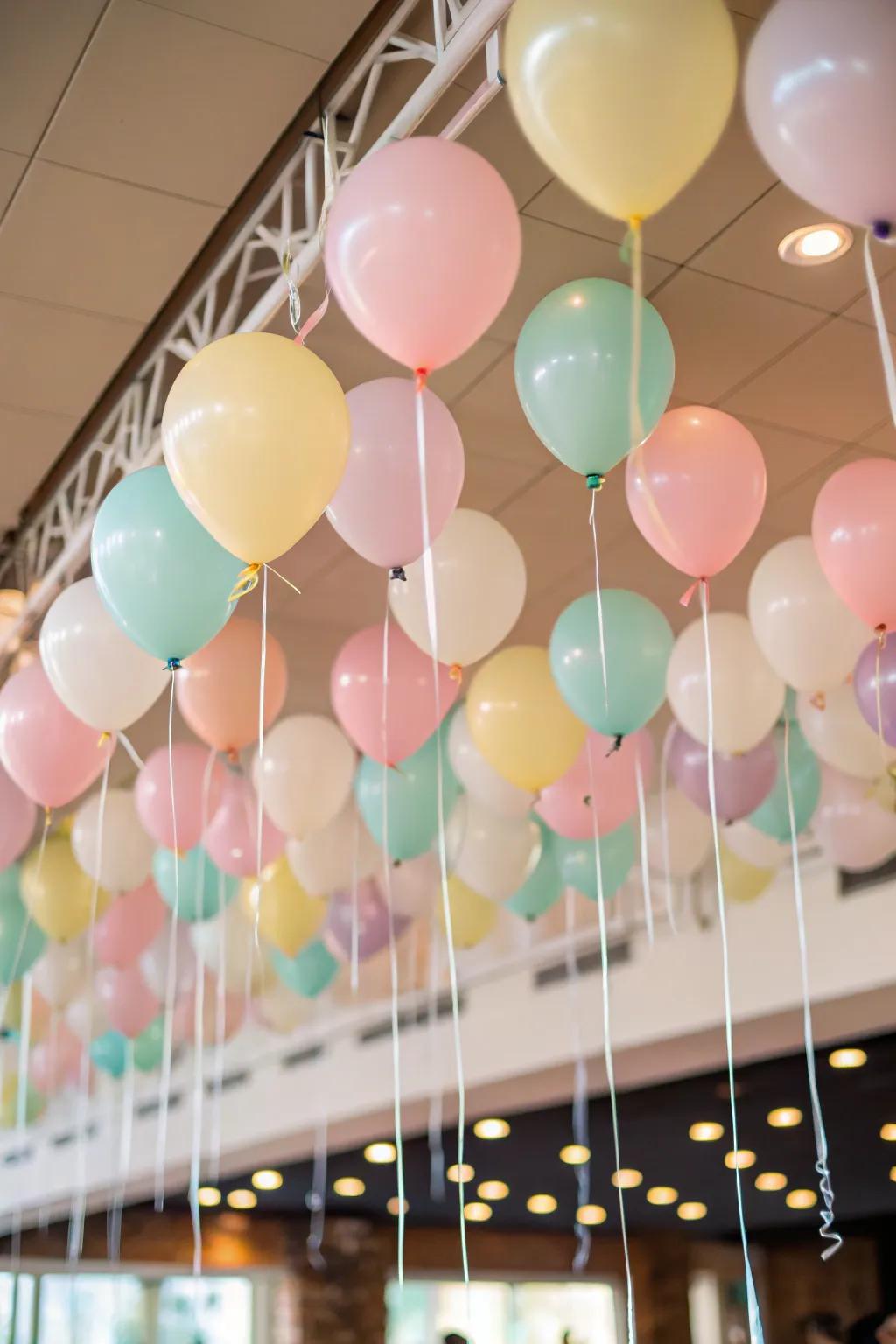 Suspended balloons create a stunning ceiling display.