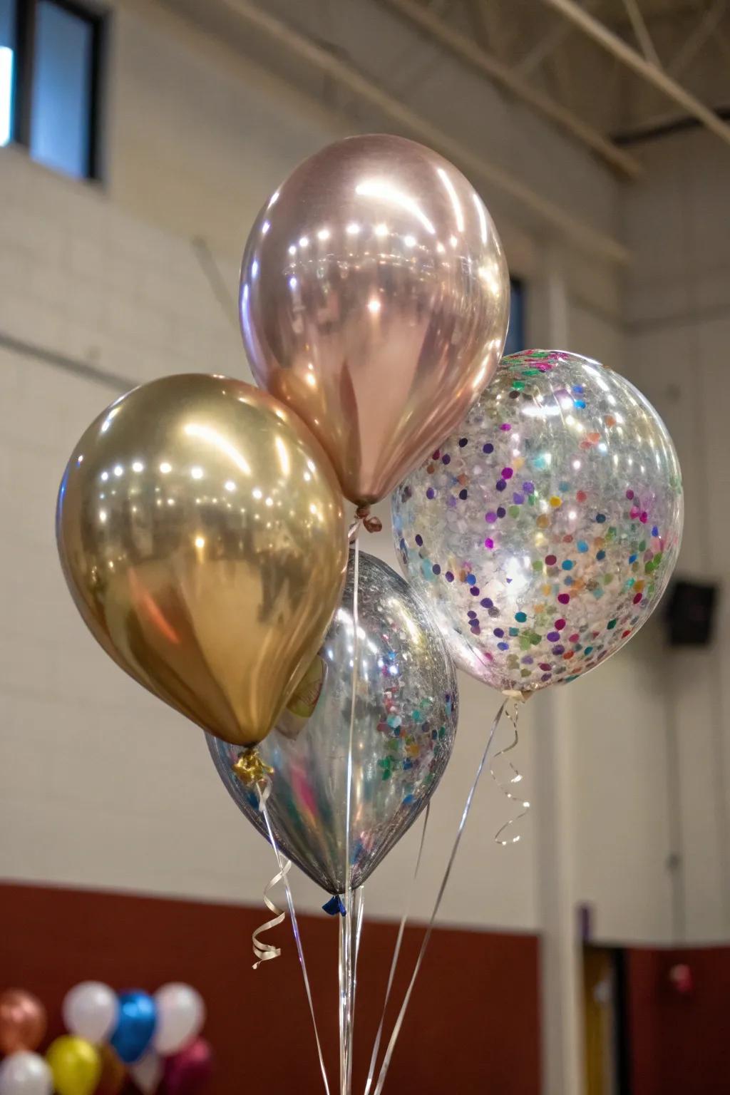Metallic balloons adding sparkle and sophistication.