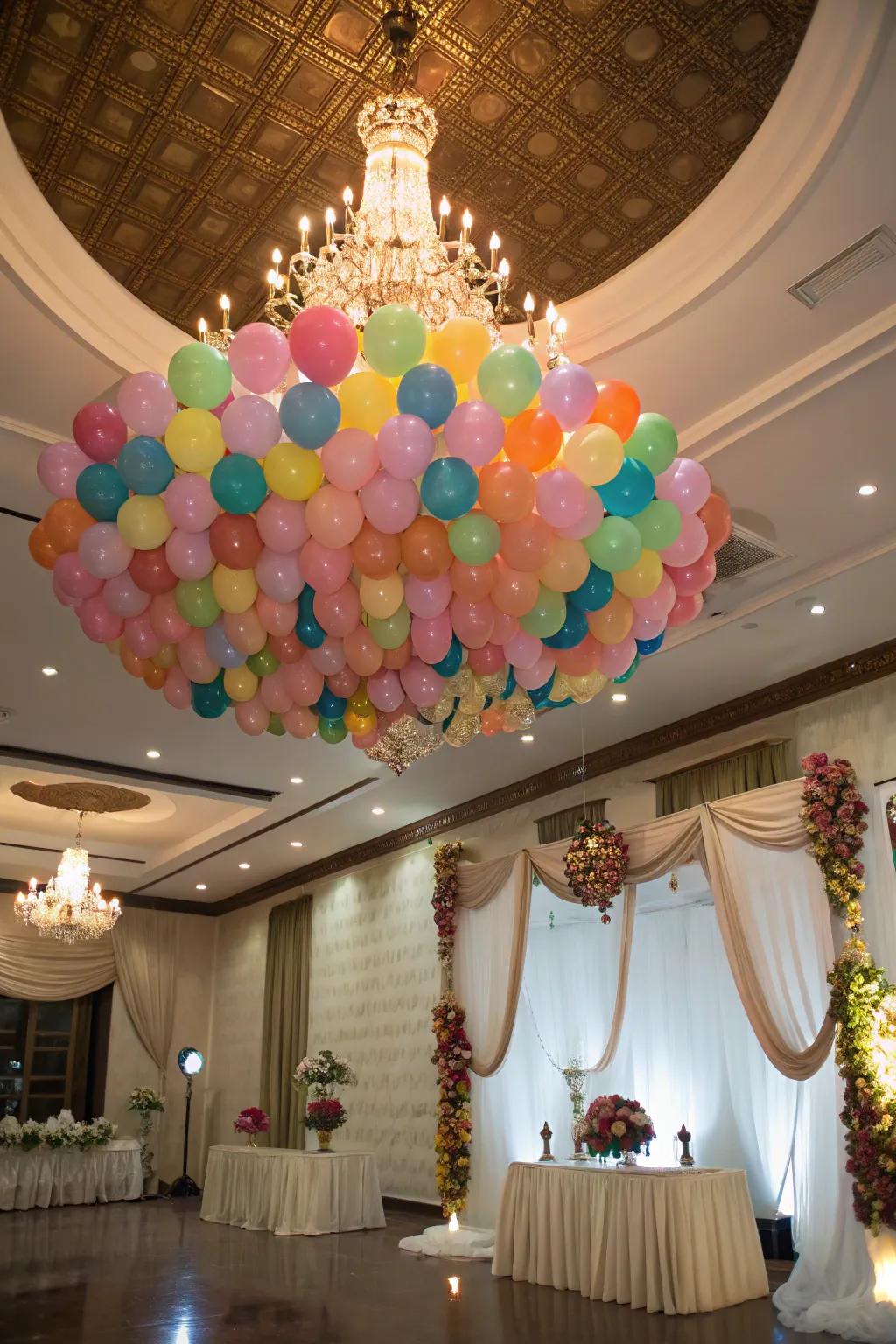 An elegant balloon chandelier enhancing the event space.