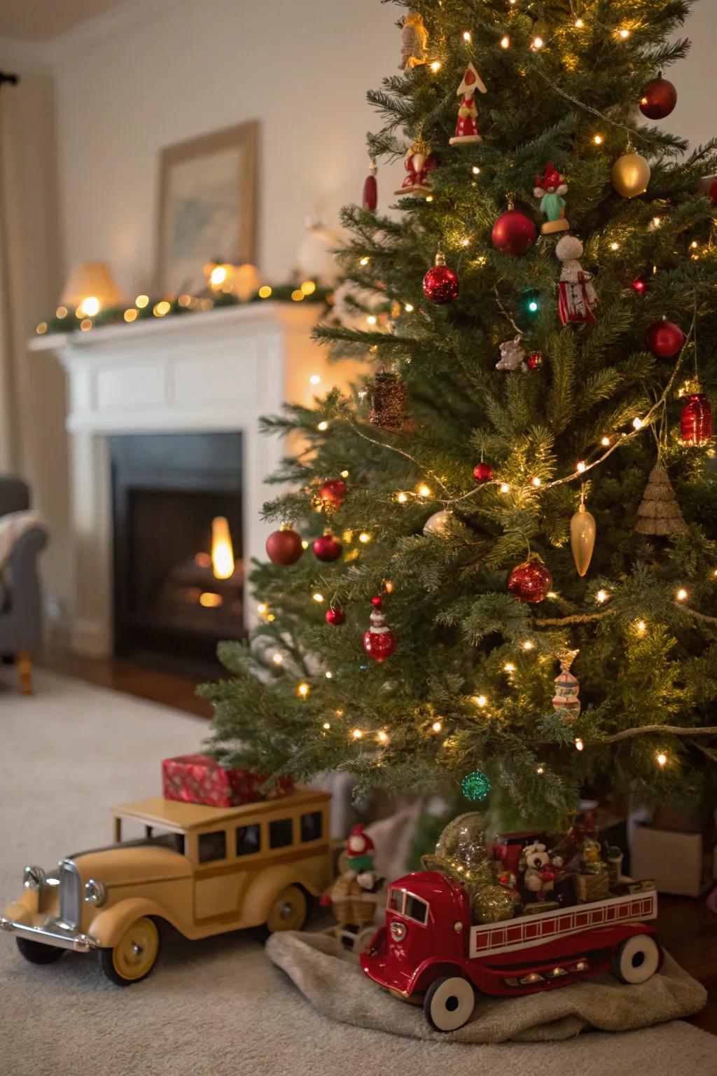 Antique toys nestled in the tree evoke fond memories.