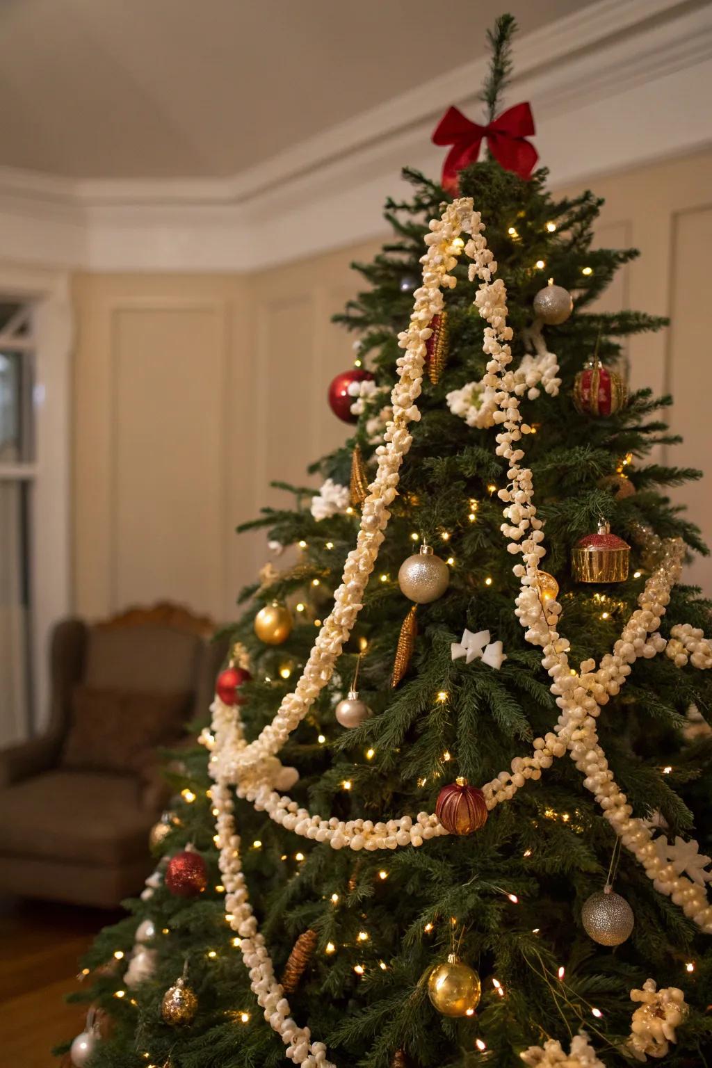 Popcorn garlands evoke a nostalgic holiday spirit.