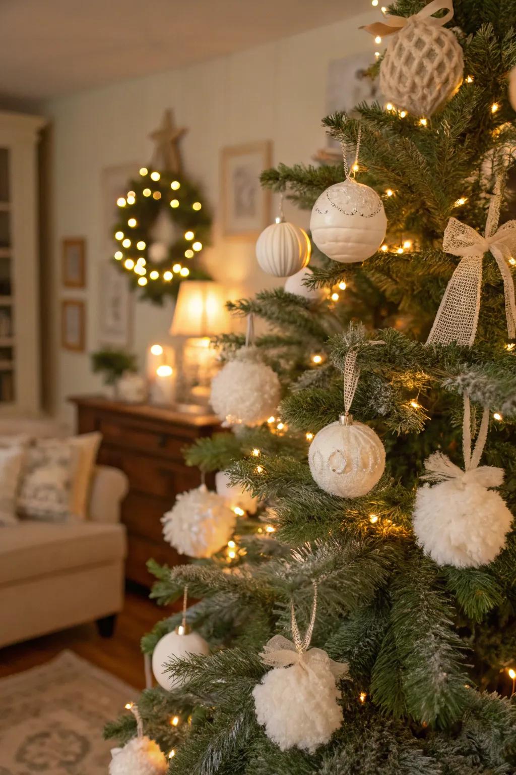 Cotton batting ornaments add a handcrafted vintage touch.