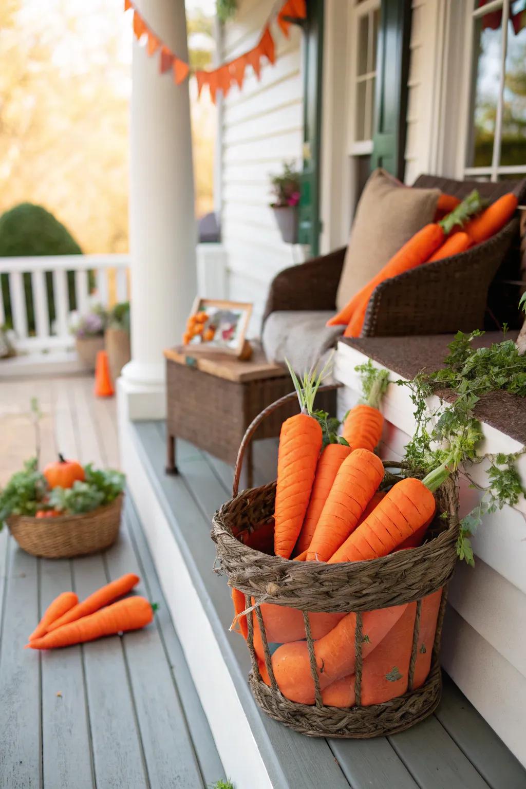 Carrot decorations add a whimsical Easter twist.