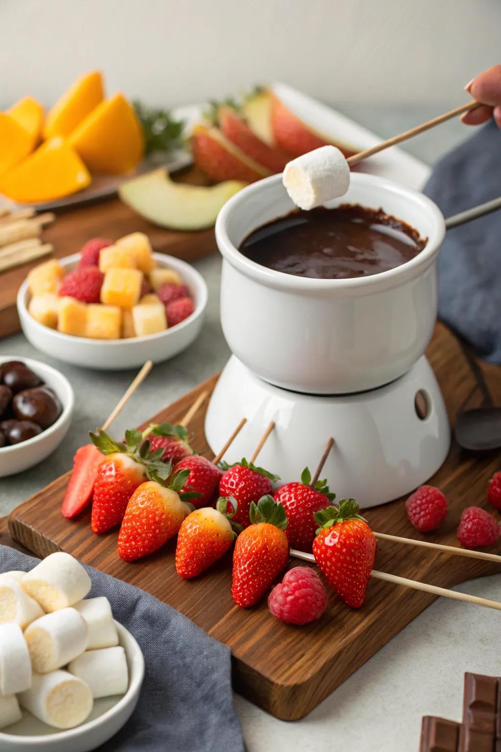 Decadent chocolate fondue with fruit and marshmallows.
