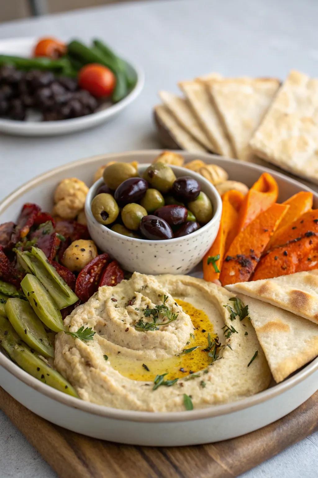 Mediterranean mezze platter with hummus and pita.