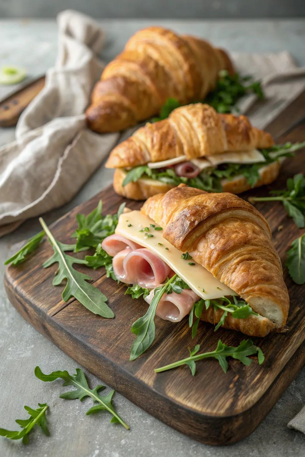Flaky croissant sandwiches filled with savory ingredients.