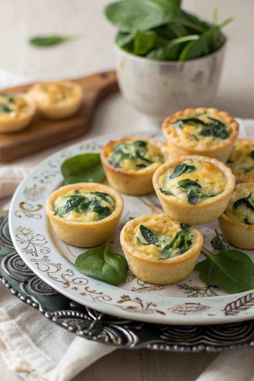 Savory mini quiche bites with various fillings.