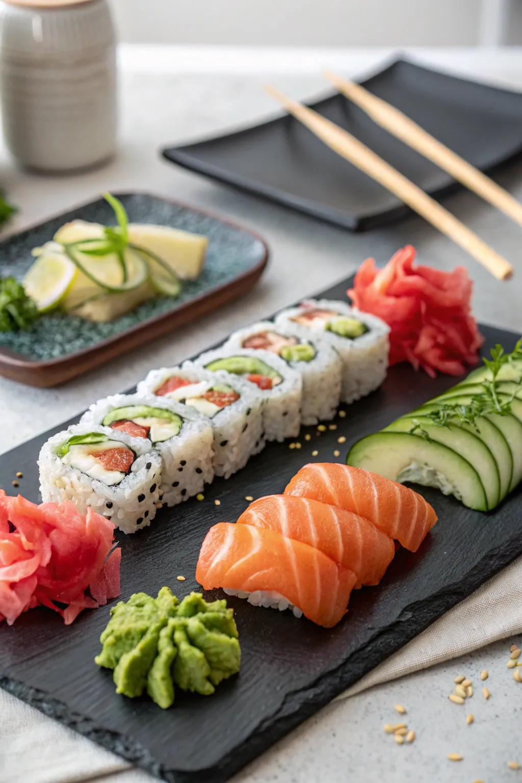 Elegant sushi platter with rolls and sashimi.