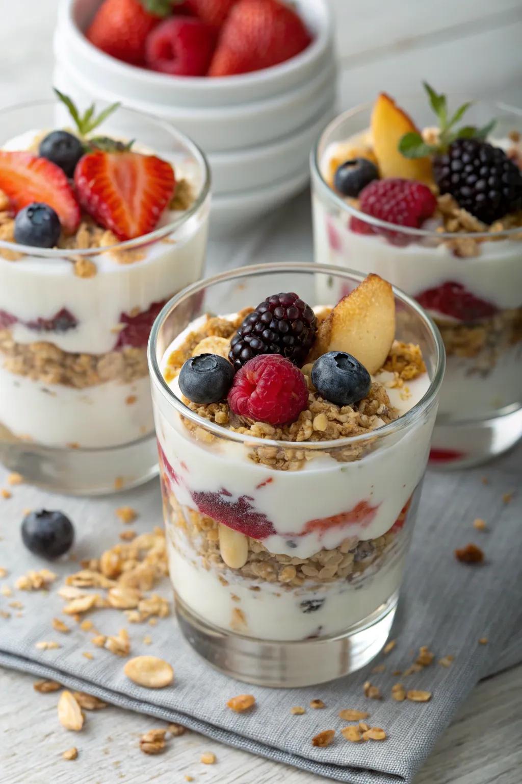 Healthy yogurt and granola parfaits in clear glasses.