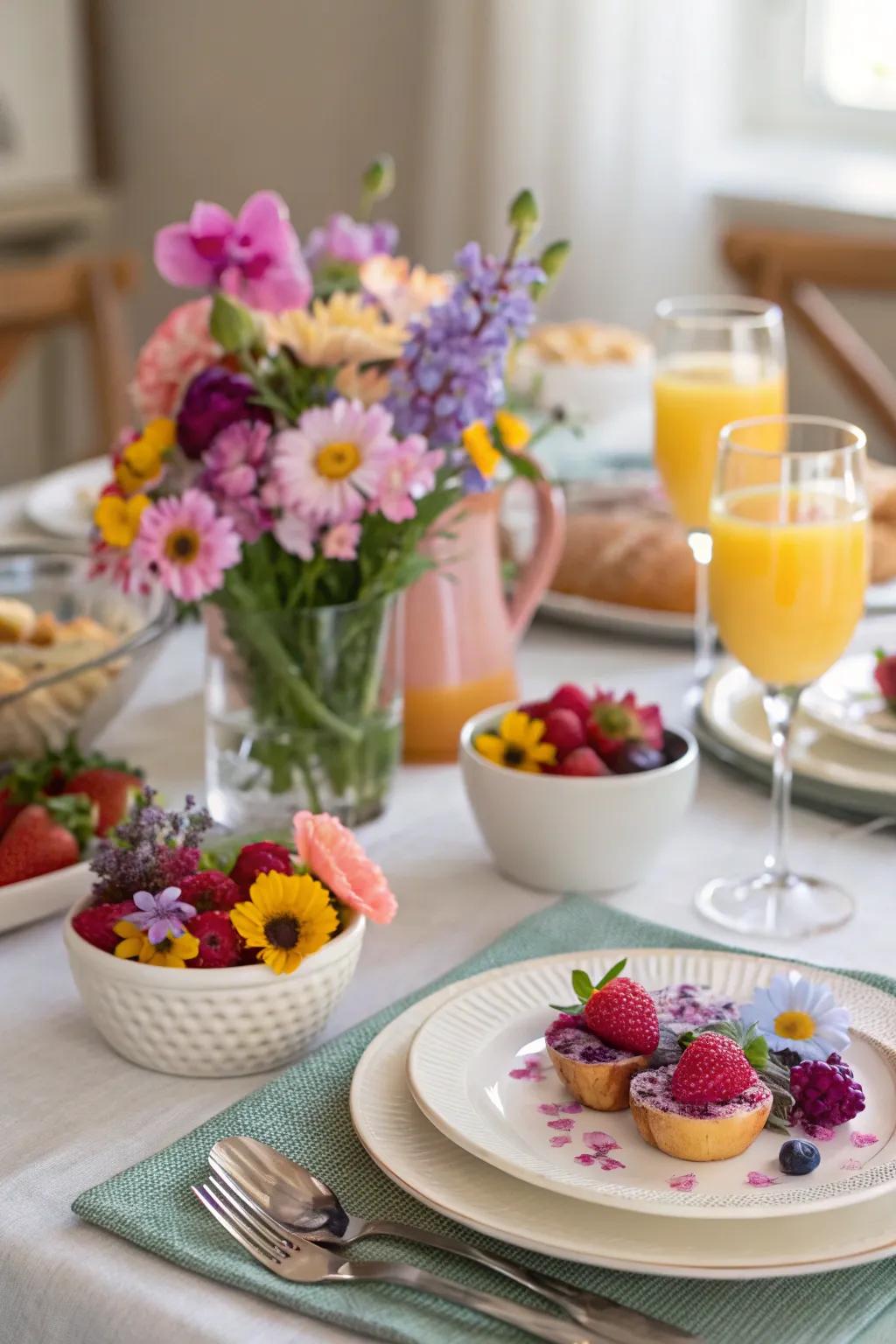 Colorful edible flower garnishes enhancing brunch dishes.