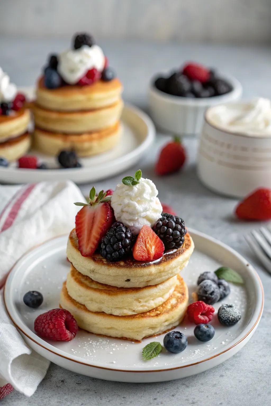 Stacked mini pancakes topped with berries and cream.