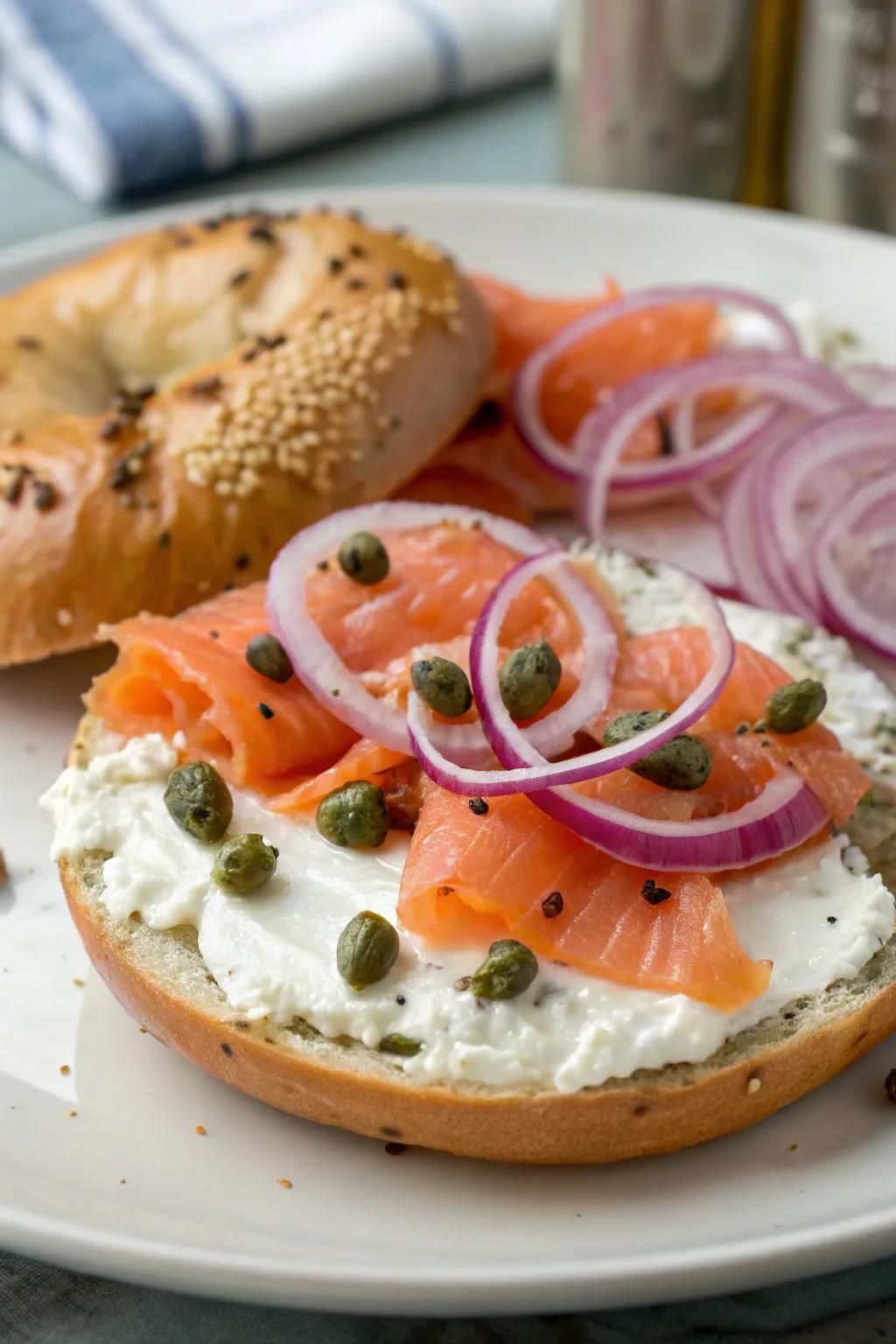 Traditional bagel and lox platter with cream cheese and garnishes.