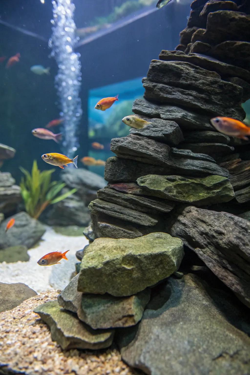 Slate cleverly concealing aquarium filter equipment.