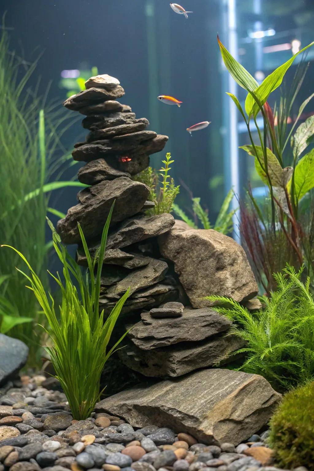 Vertical slate garden adding height and drama to the aquarium.