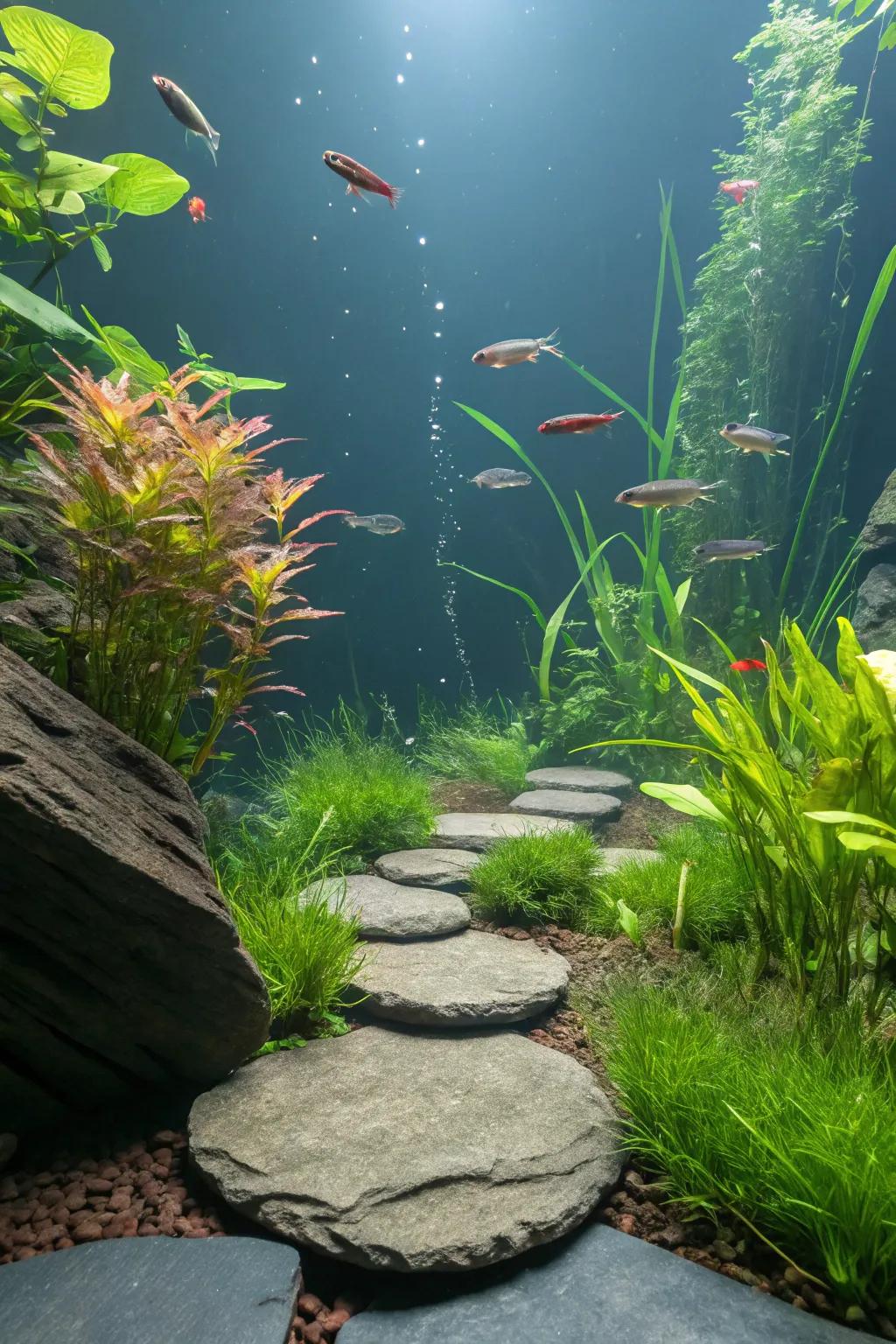 Floating slate platforms creating unique planting areas.