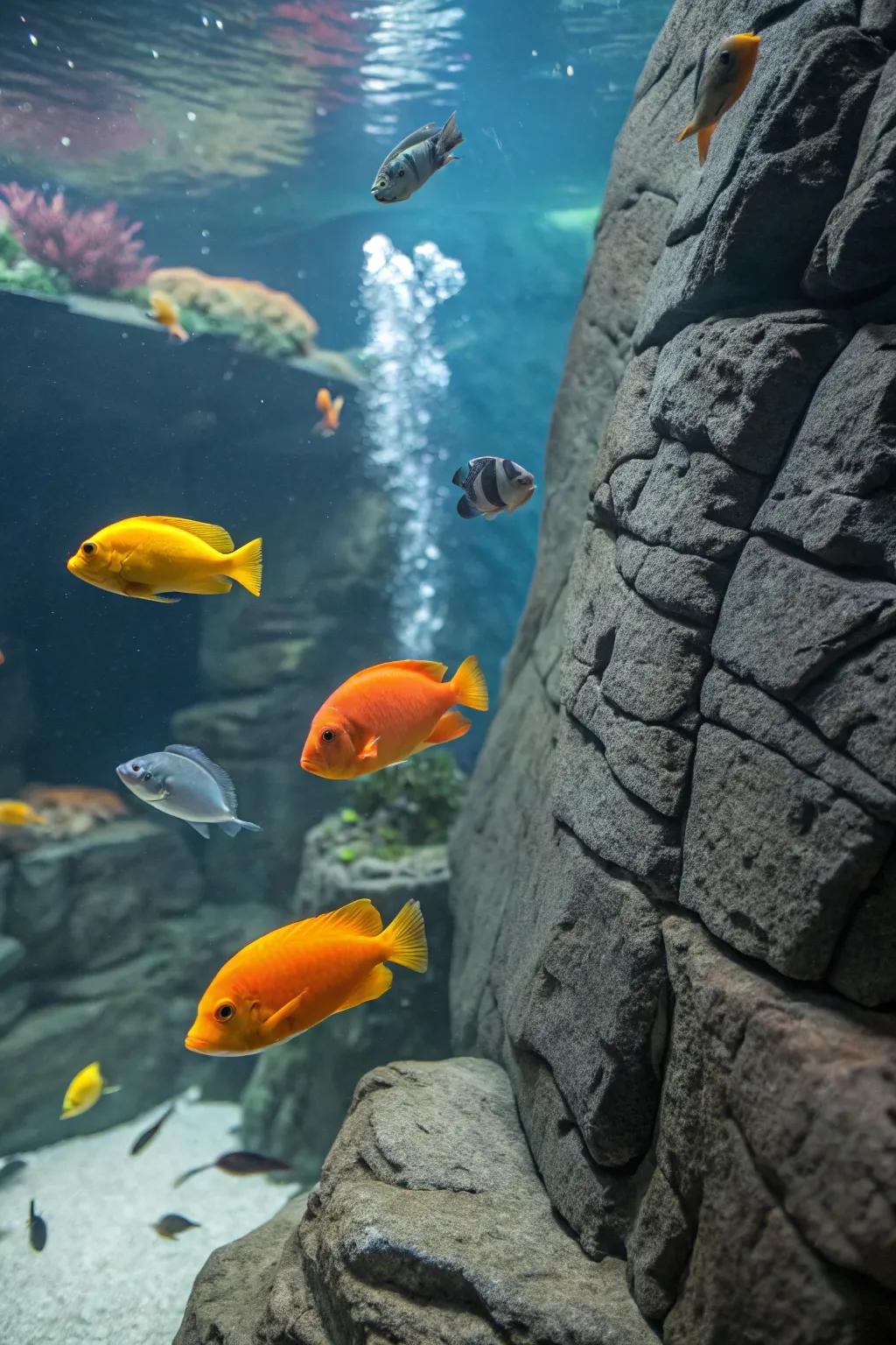 Slate backdrop with rich texture enhancing aquarium depth.
