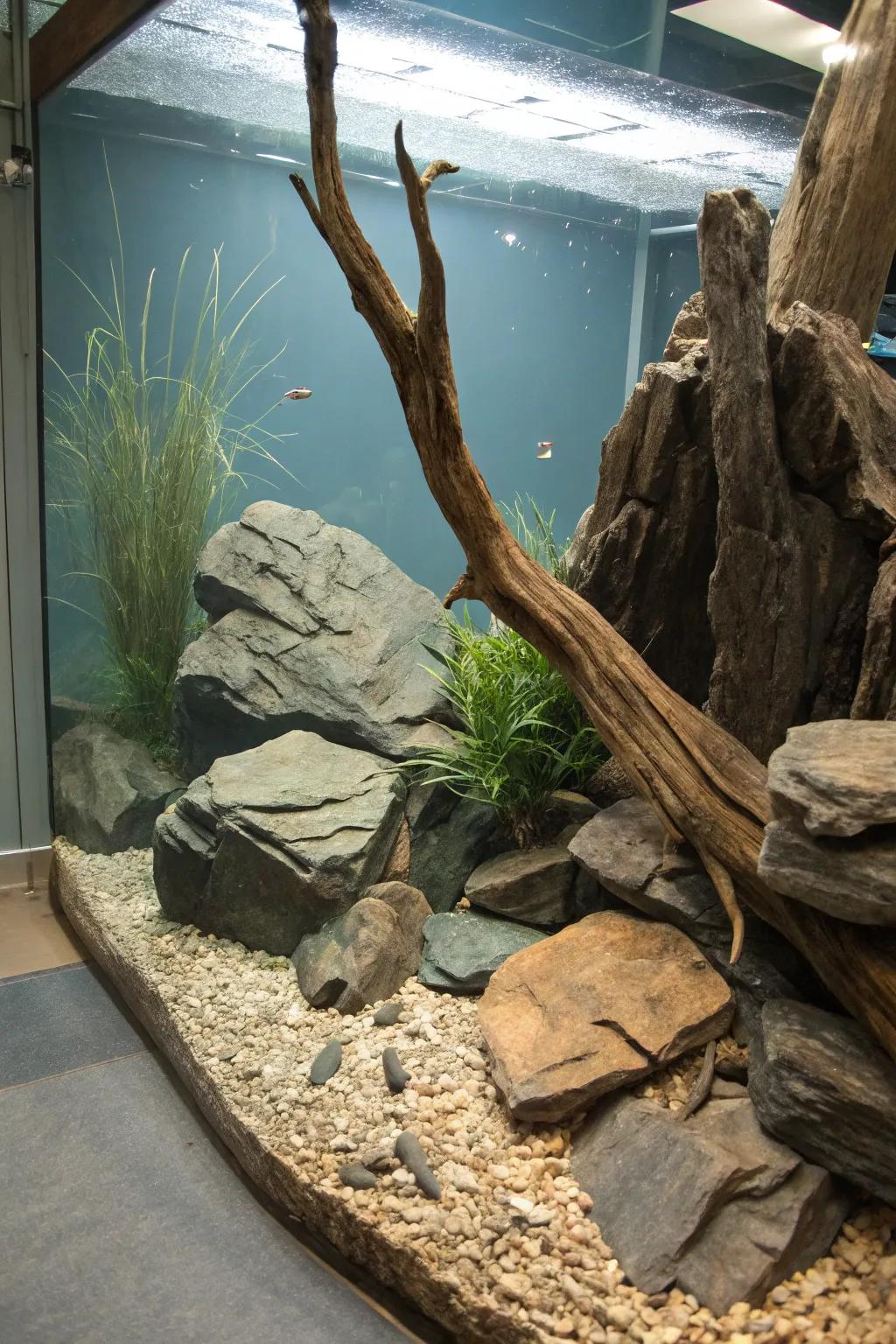 Natural combination of slate and driftwood in an aquarium.