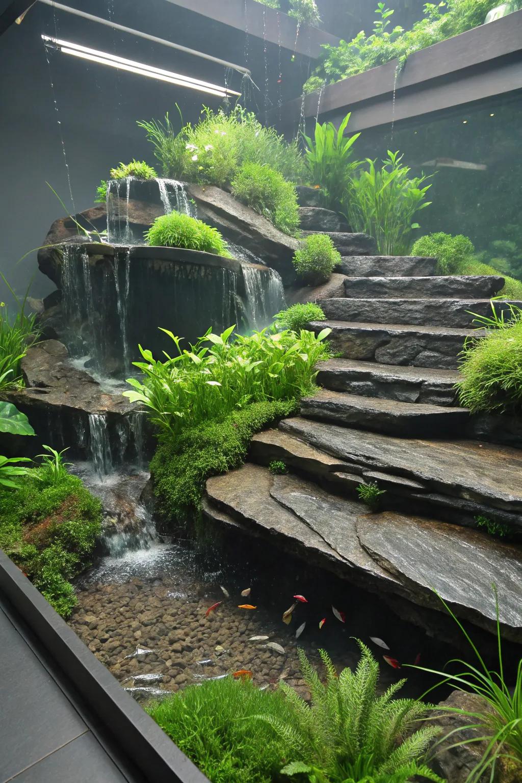 Tiered slate terraces showcasing vibrant aquatic plants.