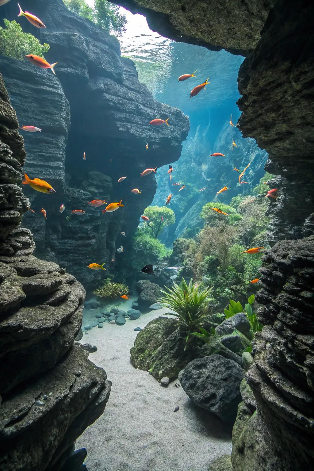 Fish enjoying slate cave hideouts in the aquarium.
