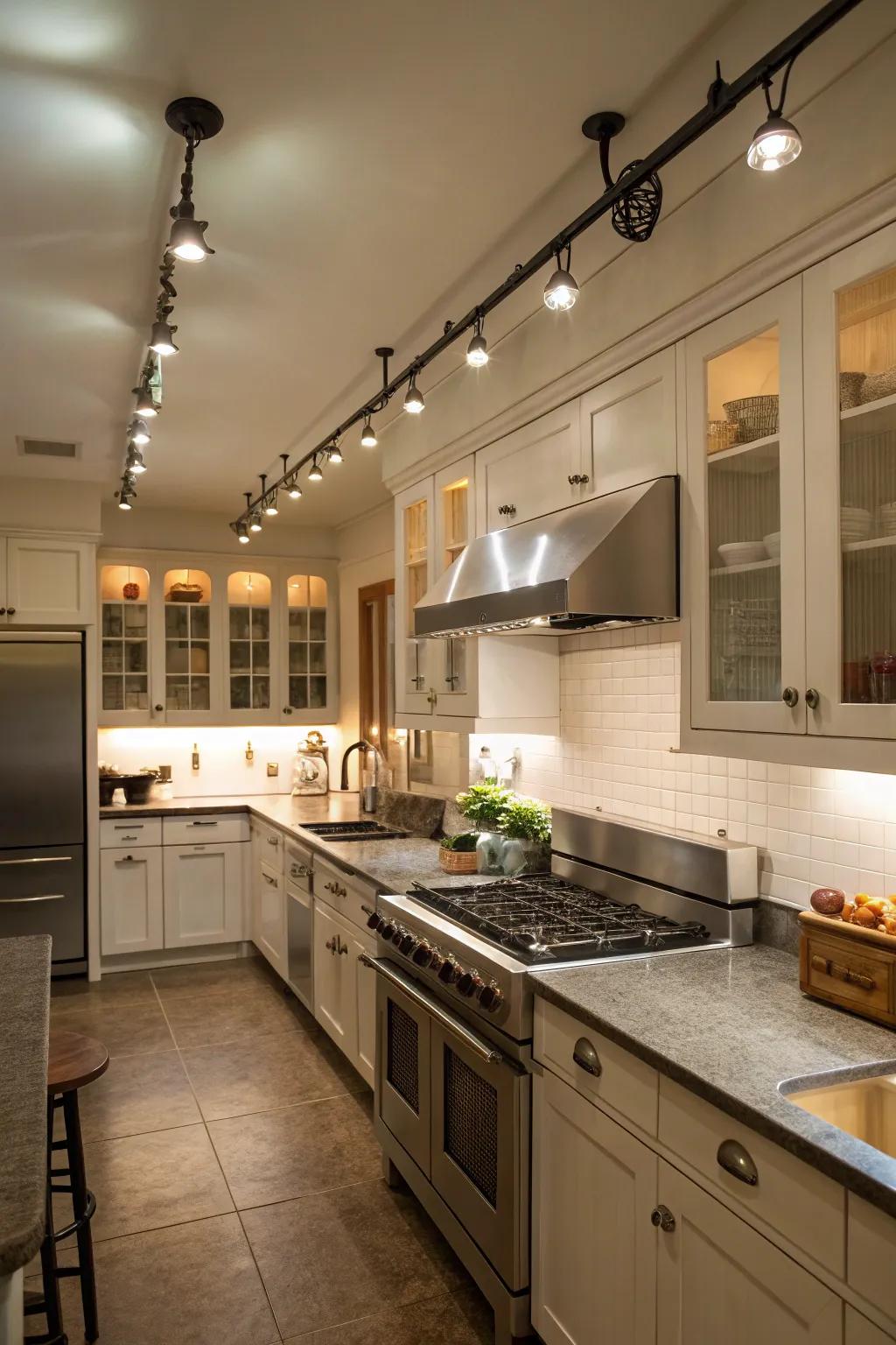 Directional track lighting focusing on kitchen work areas