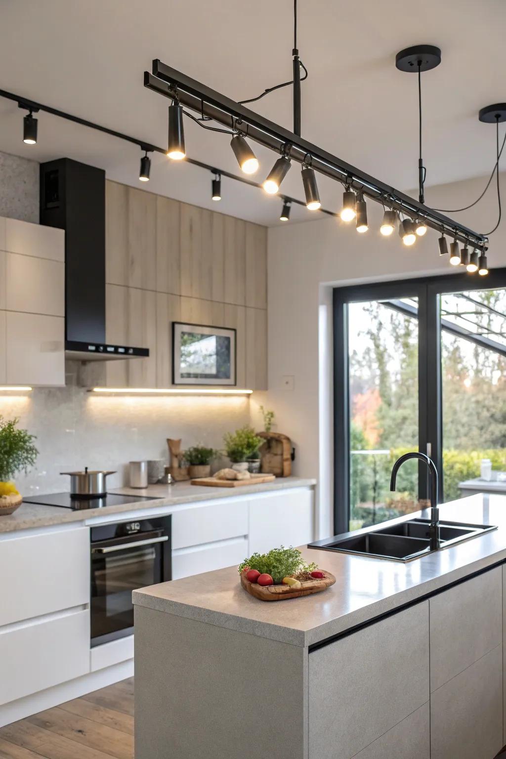 Energy-efficient LED track lighting in kitchen