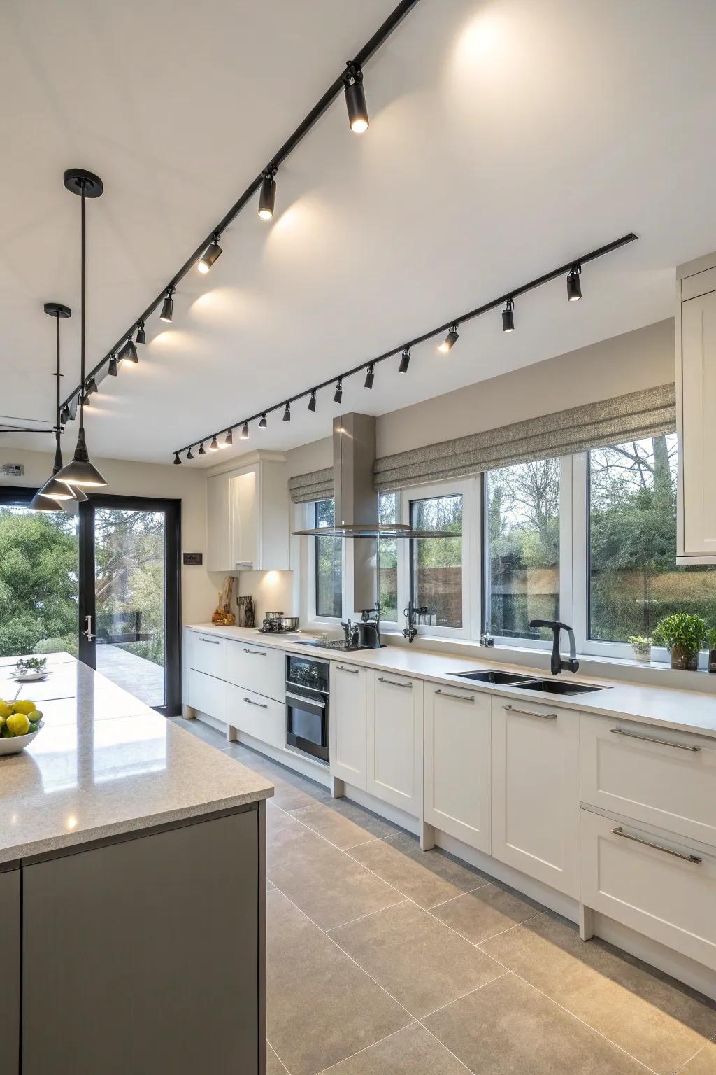 Modular track lighting system in a kitchen