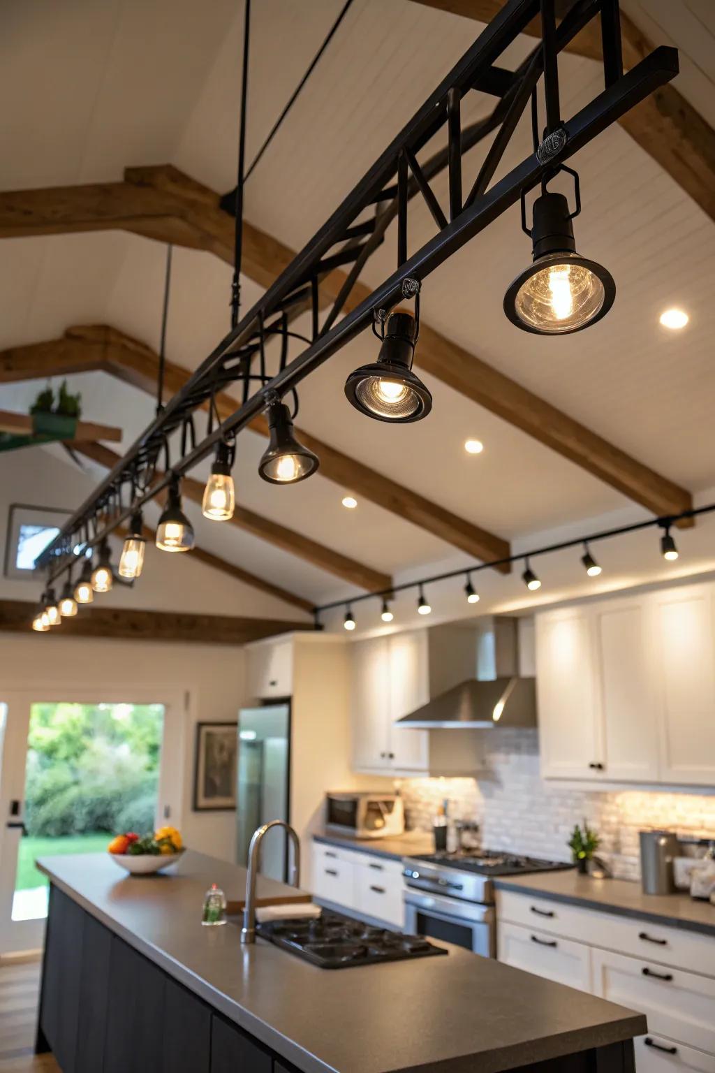 Track lighting highlighting kitchen architectural features