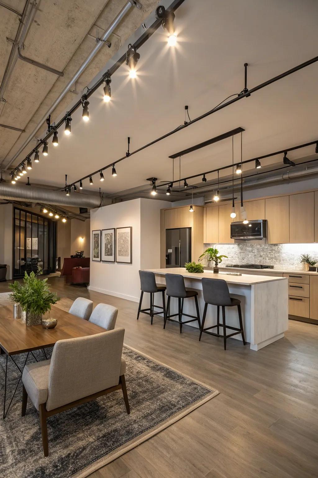 Track lighting delineating kitchen zones in open floor plan