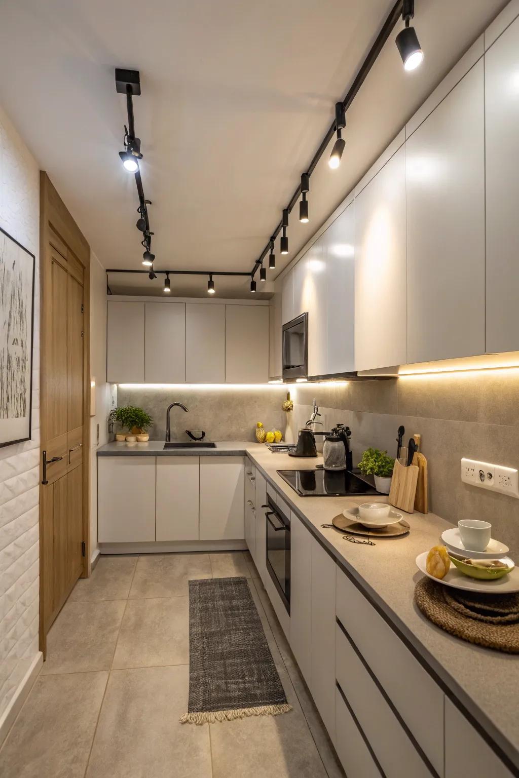 Compact track lighting brightening a small kitchen