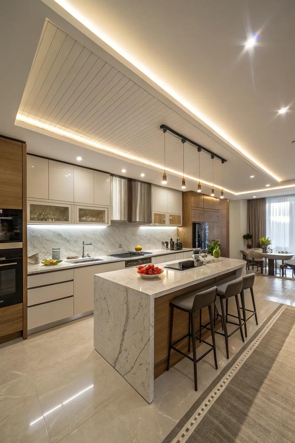 Layered lighting with cove and track lights in kitchen