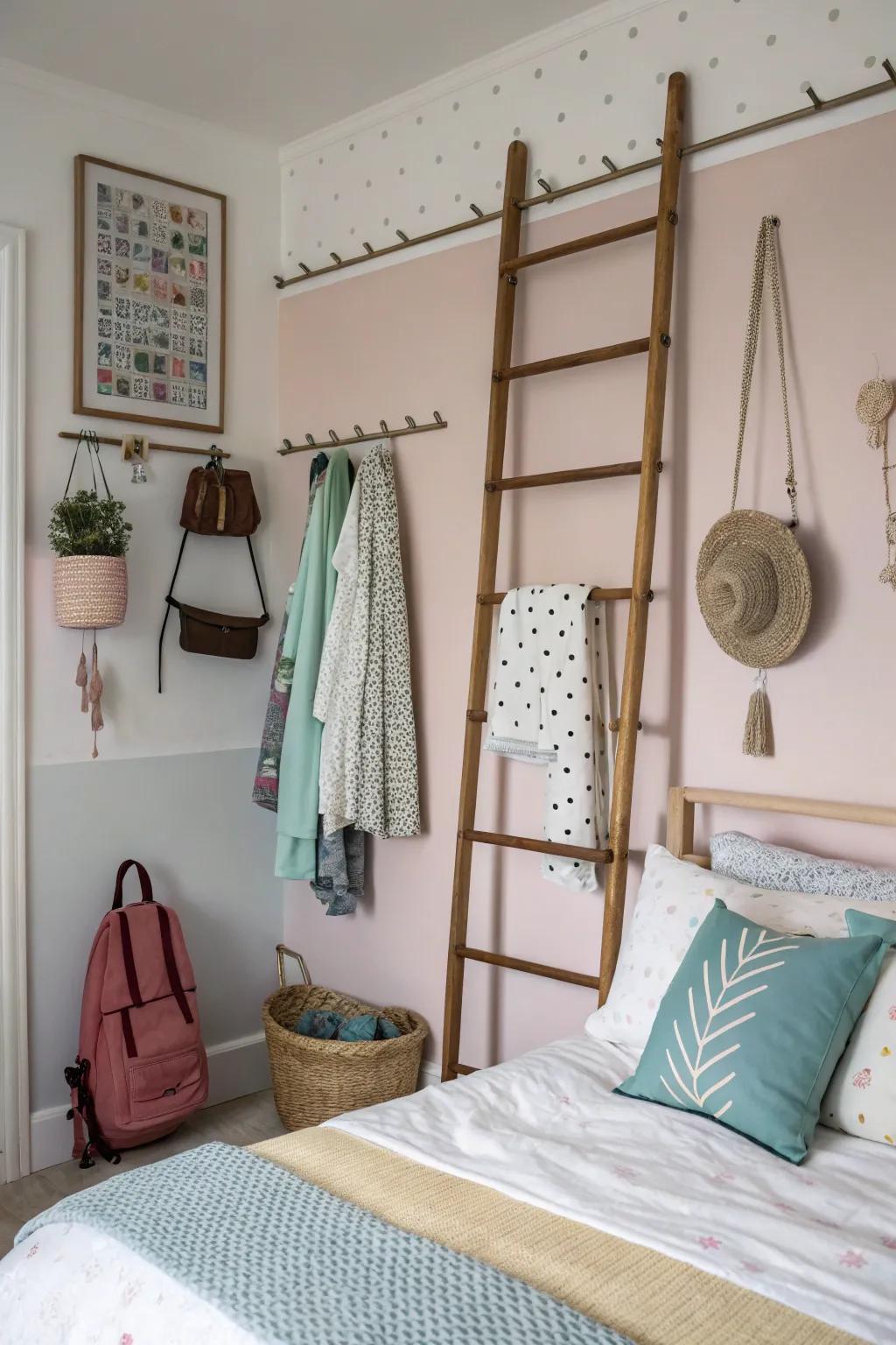 Hooks and ladders offer chic storage solutions.