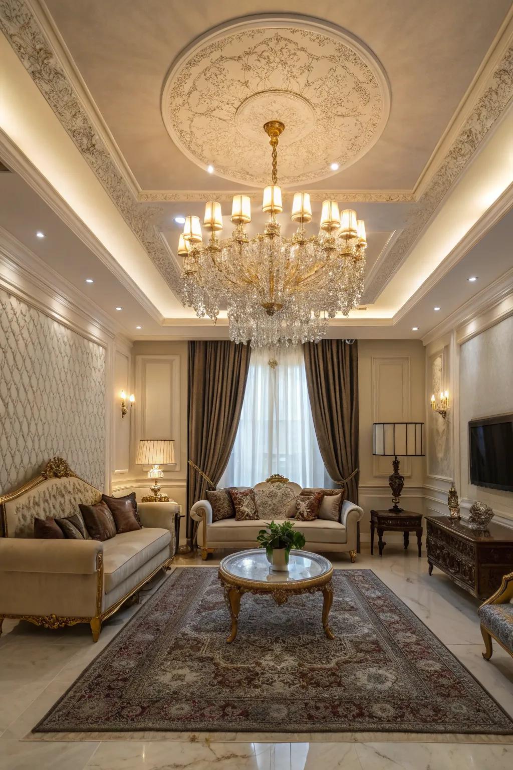 Chandeliers serve as elegant focal points in room design.