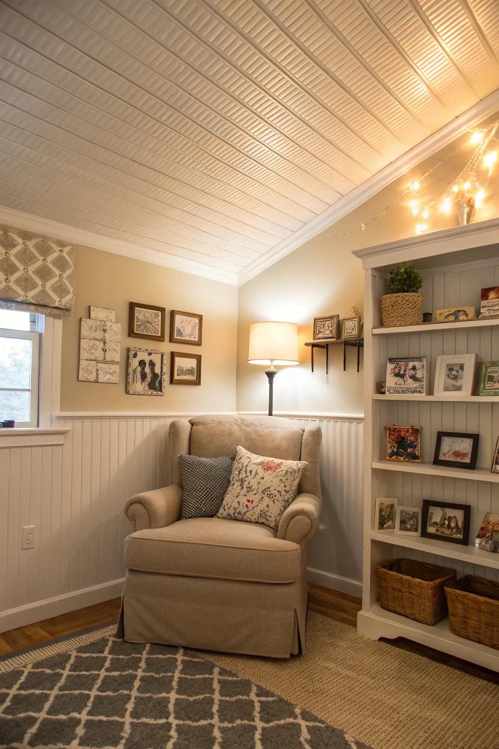 Beadboard ceilings create a charming, cottage-like atmosphere.