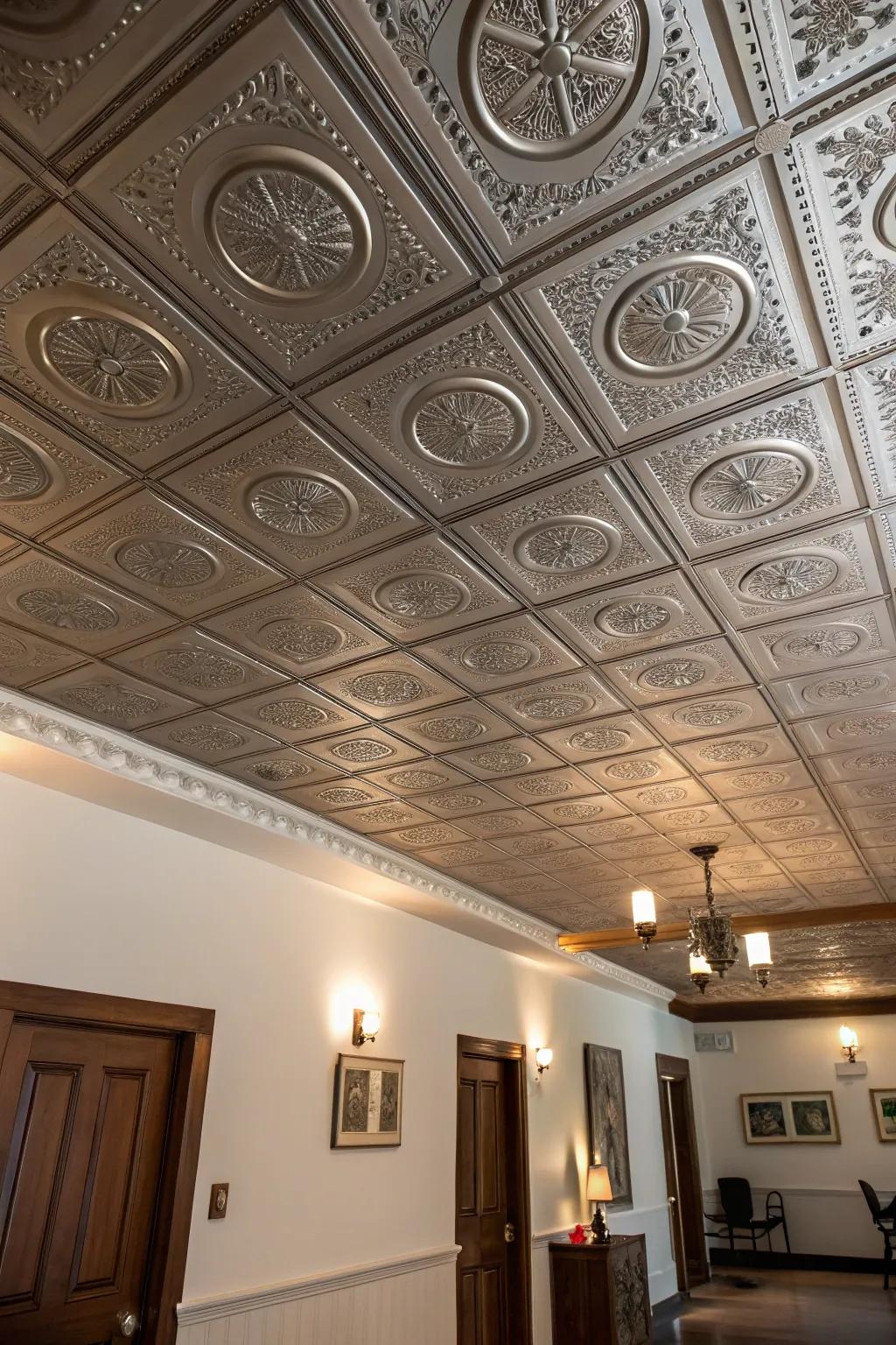 Tin tiles add vintage elegance and shimmer to ceilings.