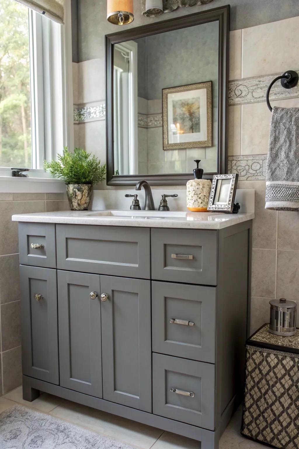 Unique decor and personal photos add warmth to your vanity area.