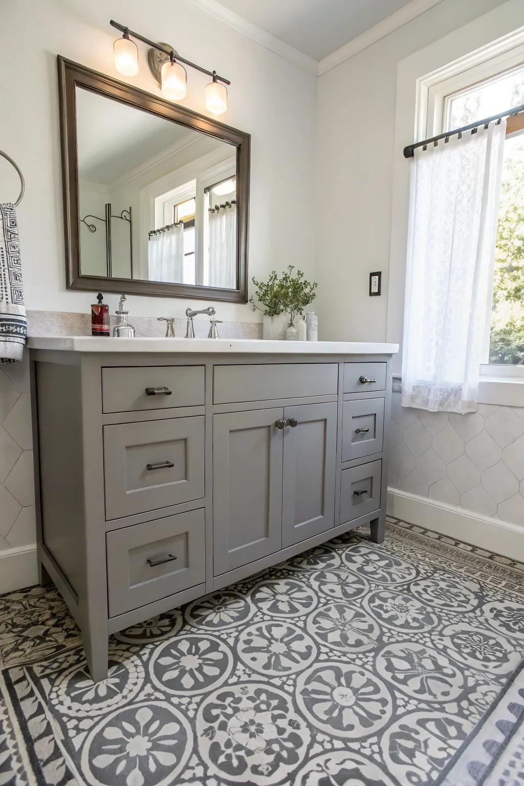 Patterned floors add charm and complement grey vanities.