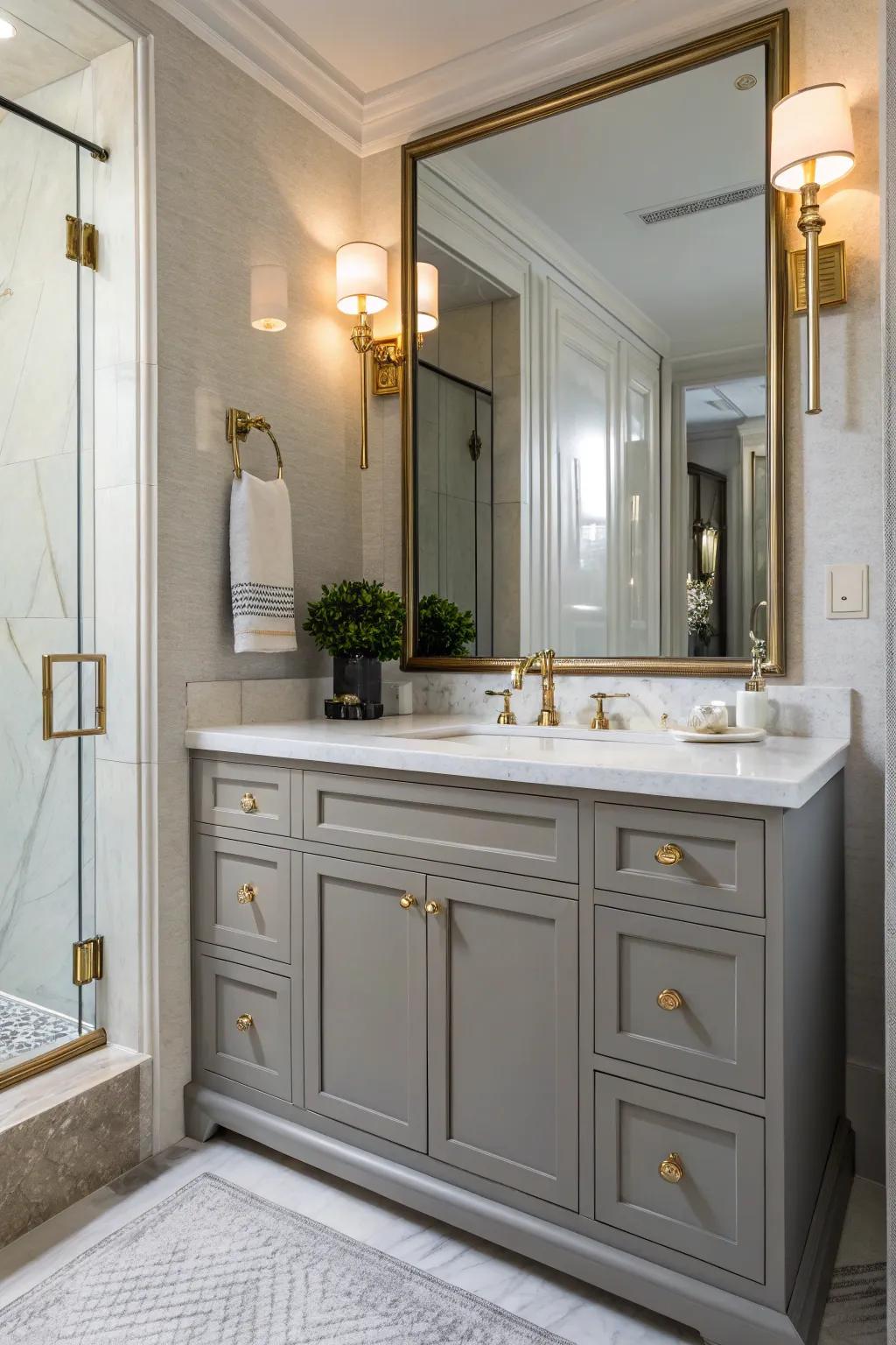 Warm brass fixtures beautifully complement grey vanities.
