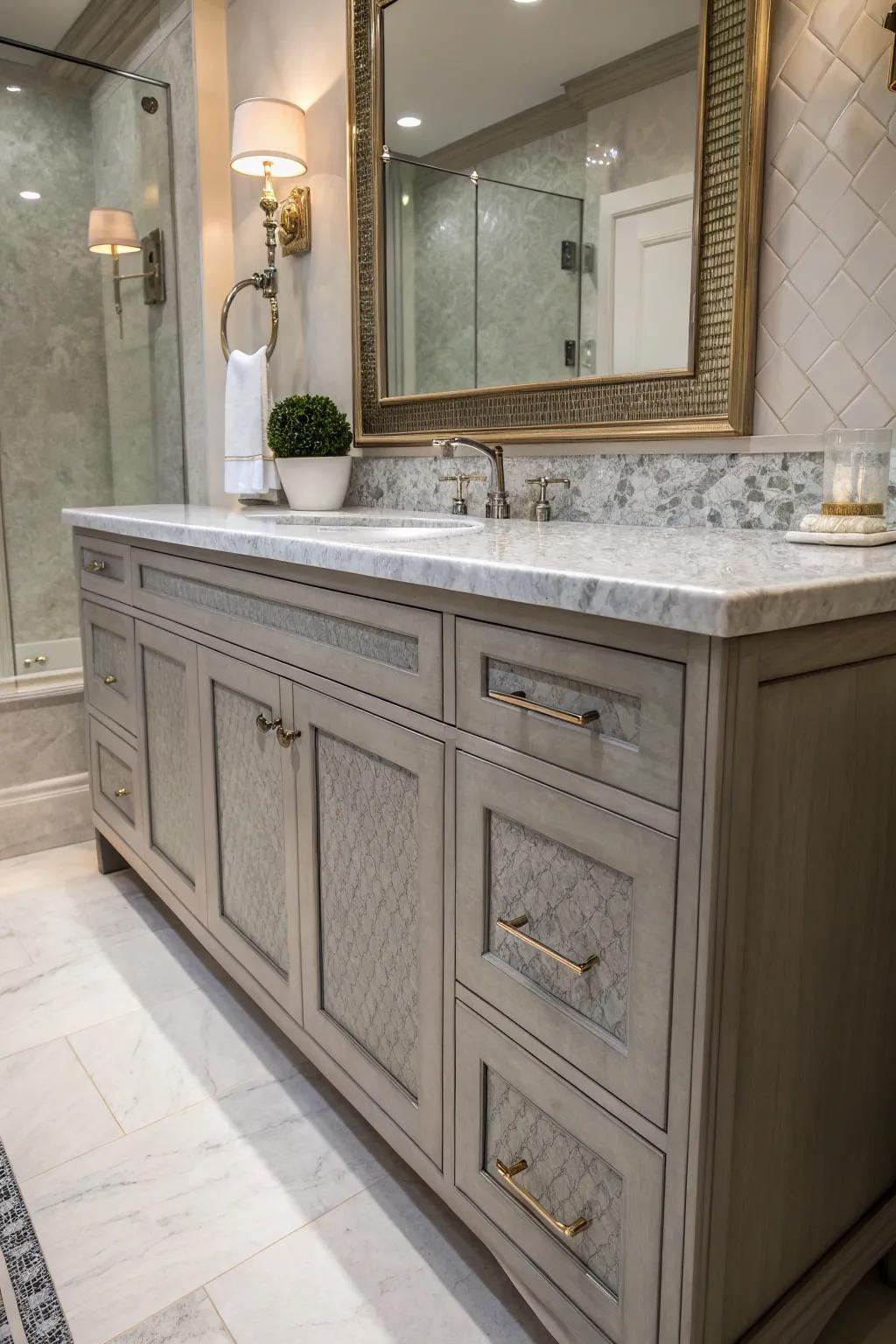 Combining smooth and textured surfaces adds sophistication to grey vanity bathrooms.