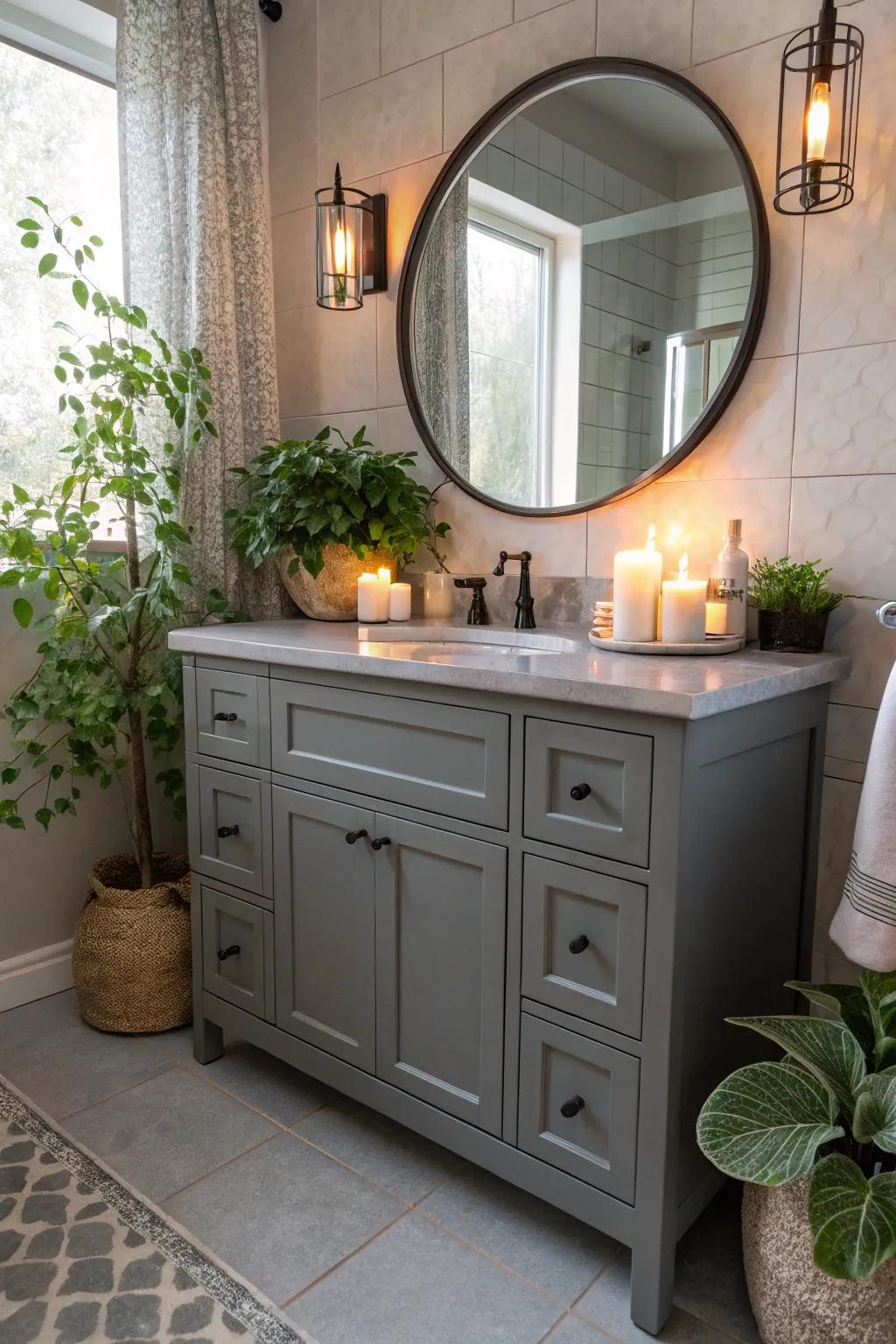 Plants and candles add warmth and personality to grey vanity areas.