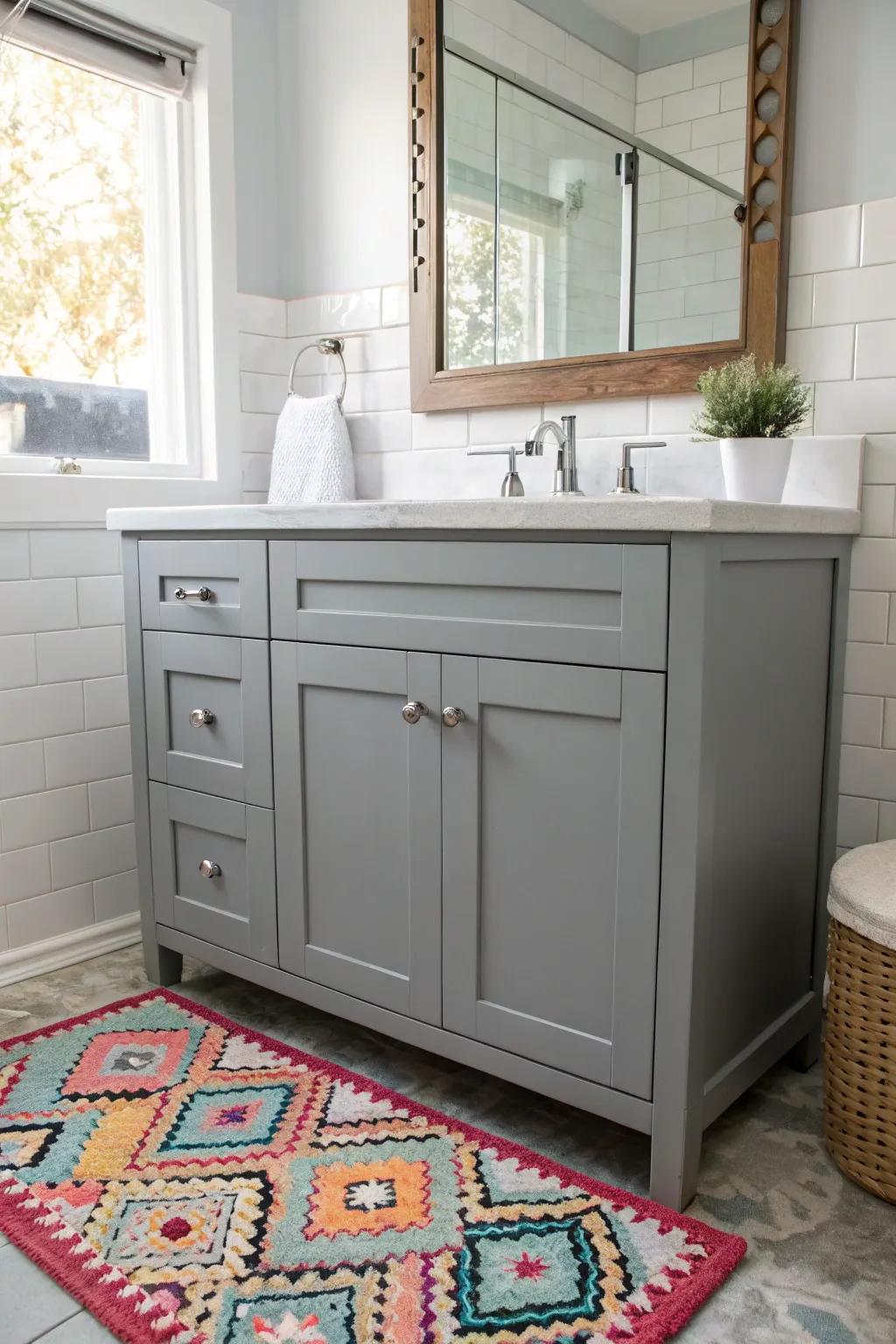 Vibrant rugs add personality and warmth to grey vanity bathrooms.