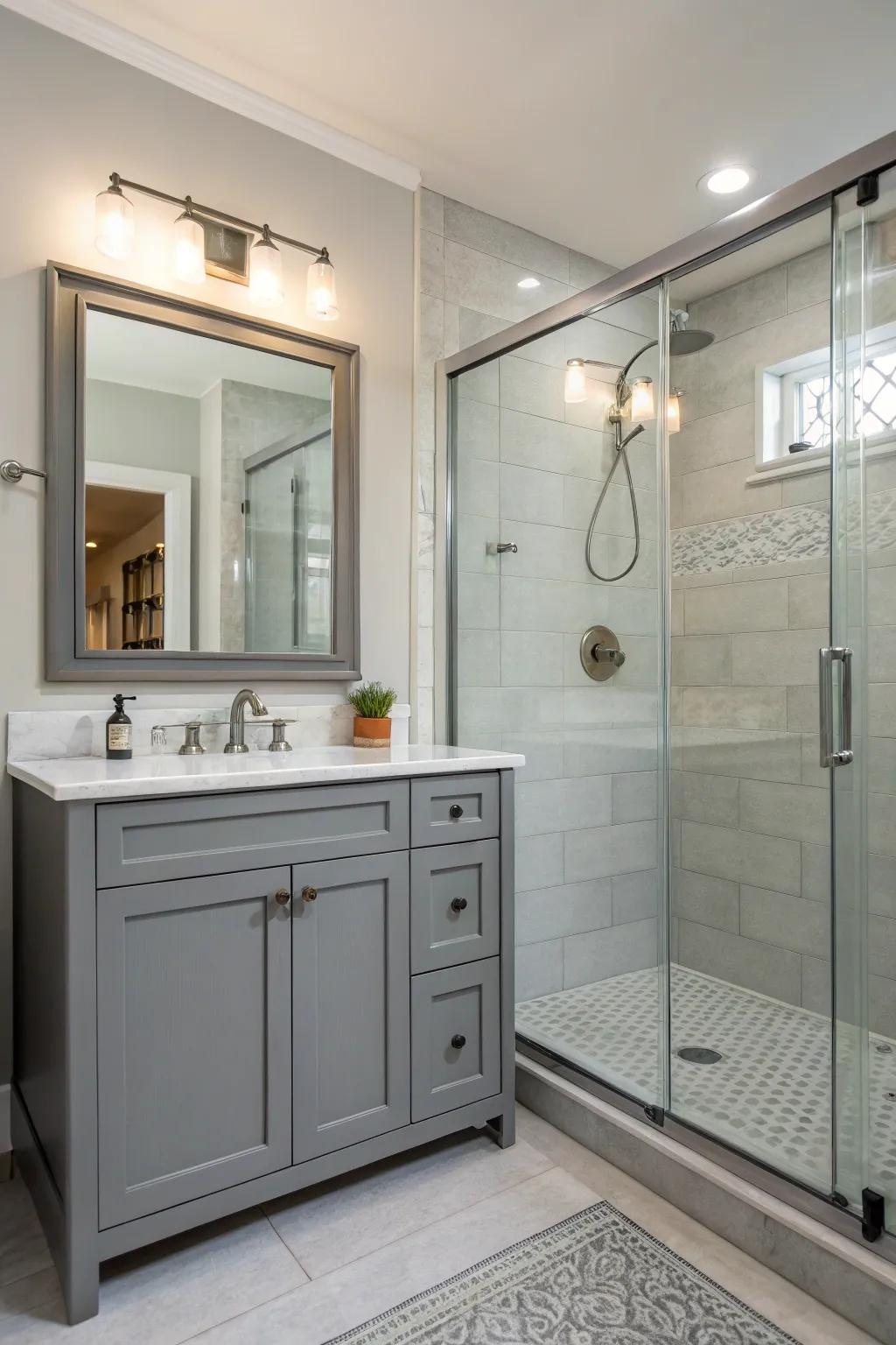Integrating vanity with shower creates a spacious, cohesive bathroom.